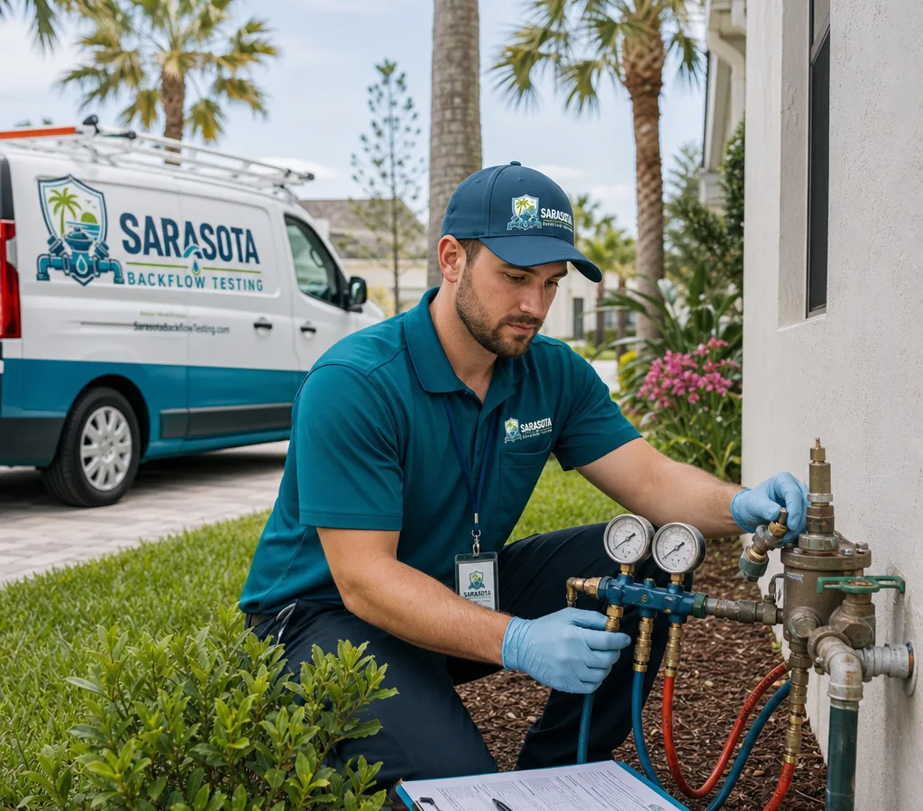 Certified backflow tester performing a field test on an outdoor irrigation backflow preventer beside a Sarasota home