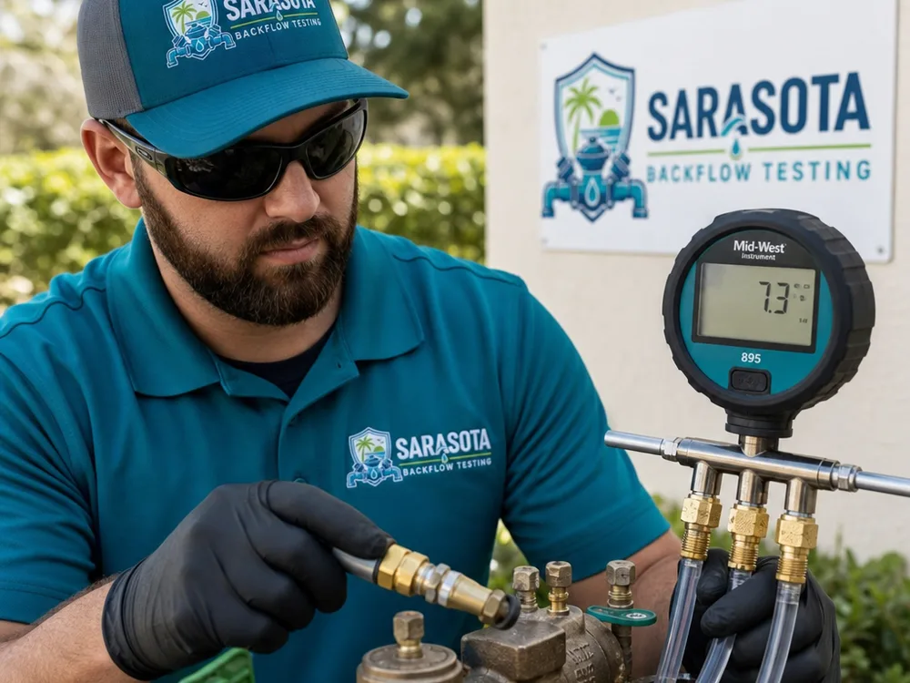 Test gauge manifold connected to a backflow preventer during differential pressure testing
