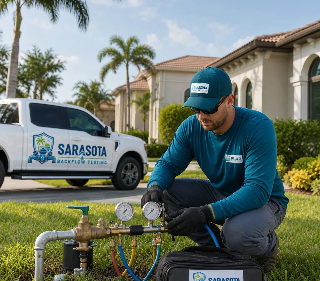 Certified technician testing a residential backflow preventer at a Sarasota home
