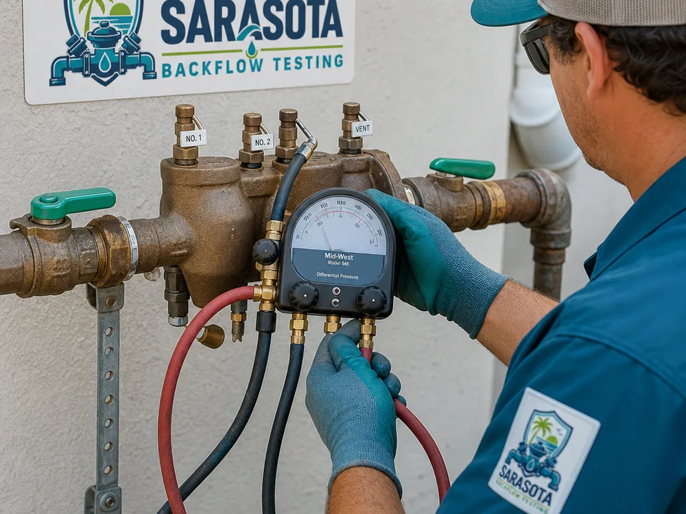 Technician connecting a differential pressure gauge to a residential backflow preventer
