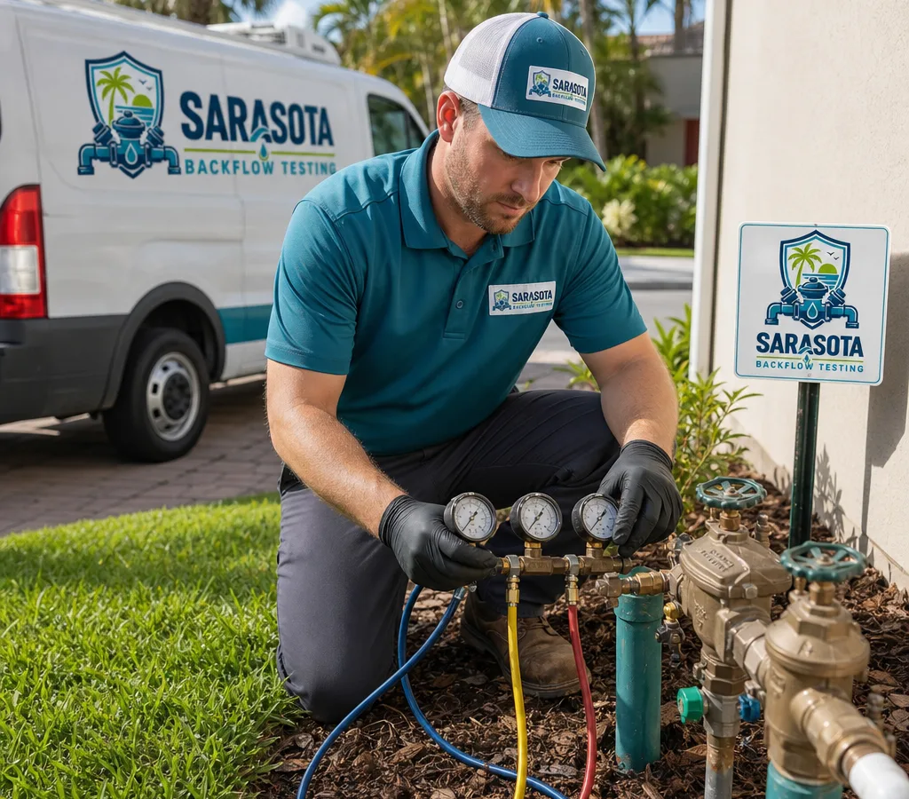 Certified tester performing a backflow test on an irrigation backflow preventer beside a Sarasota home's sprinkler riser