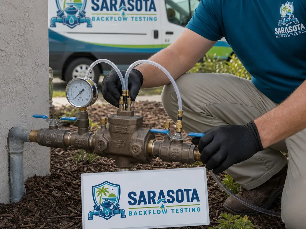 Differential pressure gauge connected to test cocks and shutoff valves on an outdoor irrigation backflow assembly