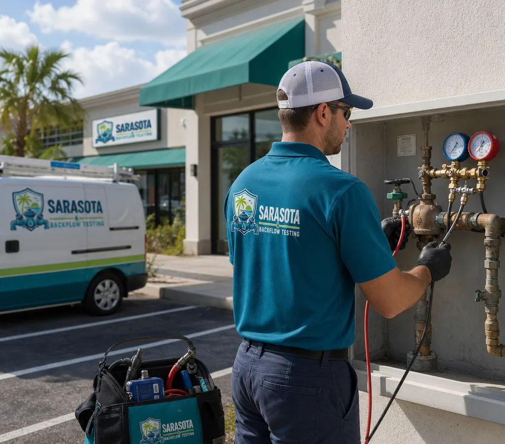 Technician performing a backflow test on a commercial reduced pressure assembly beside a Sarasota storefront