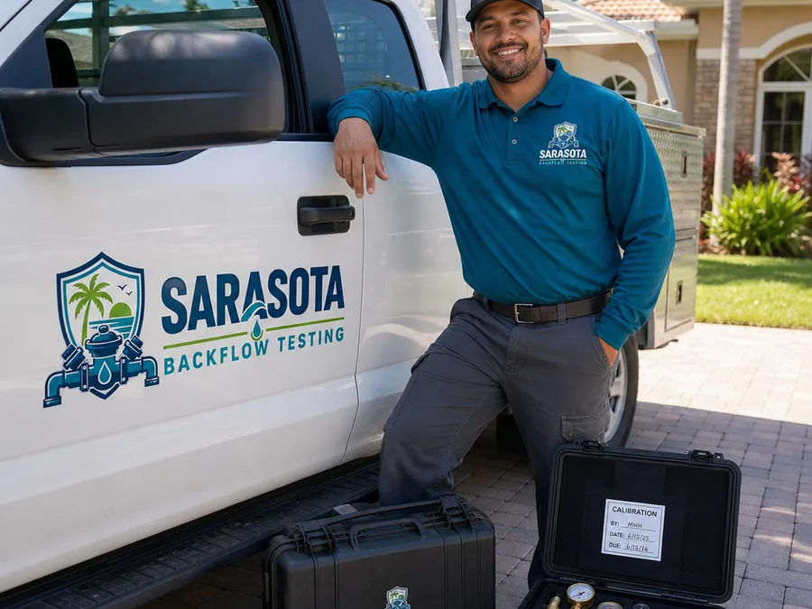 Sarasota Backflow Testing technician beside a service vehicle with testing equipment
